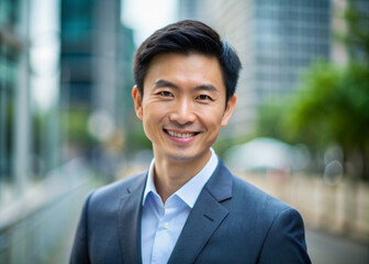 Confident Asian businessman in 30s with charming smile speaks directly to camera, conveying positivity and authority, against a blurred, natural backgrounds.