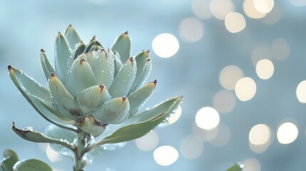 Fototapeta premium Closeup of a green succulent with water droplets against a blurry background.