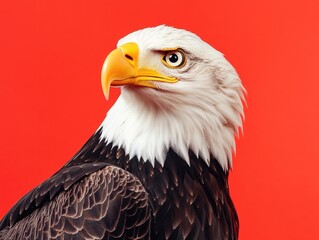 Obraz premium A close-up shot of a bald eagle's head and neck against a bright red background