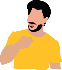 Vector Cartoon Illustration of a Smiling Businessman with Black Hair and Beard, Light Skin, Pointing at You with One Hand – Comic Art Drawing of a Happy Guy Character