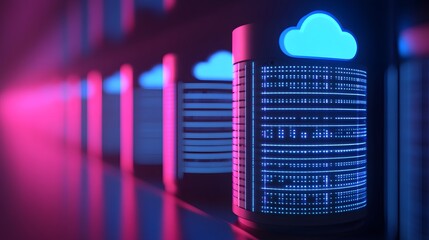 Server room with data servers and glowing neon lights. Cloud computing and technology concept. Futuristic data center.