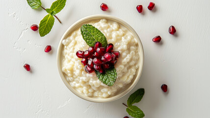 Tapioca pudding garnished with pomegranate and mint leaves in a bowl.