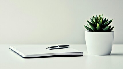 A minimalist desk setup with a sleek notebook, a single pen, and a simple plant pot, set against a plain background