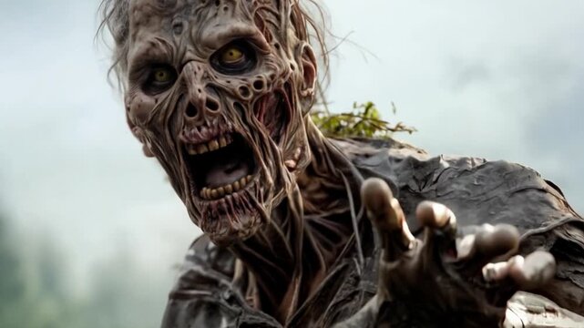 A zombie apocalypse. Undead zombie breaking through the earth surface in a cemetery and attacks at daytime. Erie ambiance for a cryptic backdrop. Generative AI