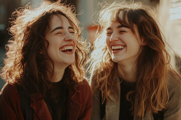 Fototapeta premium Two Friends Sharing a Genuine Laugh Under the Warm Sunlight of a Beautiful Day