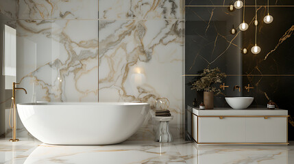 Luxurious bathroom with white, gold and black marble, evoking a sense of sophistication and tranquility for modern home design. 
