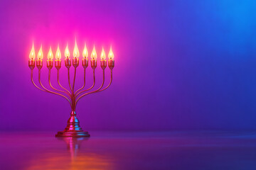 Fototapeta premium Concept of jewish holiday Hanukkah with menorah (traditional candelabra) and burning candles.