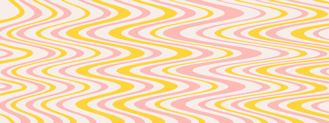 Groovy Waves Background. Psychedelic Abstract Wavy Curves Vector Pattern in 1970s Hippie Retro Style for Print on Textile, Wrapping Paper, Web Design and Social Media. Yellow color