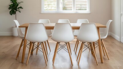 Bamboo dining table set with white chairs in a sunlit dining room, eco-friendly furniture, natural dining