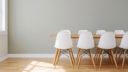 Bamboo dining table set with white chairs in a sunlit dining room, eco-friendly furniture, natural dining