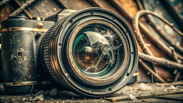 Weathered vintage camera lens with cracked glass and faded aperture blades, surrounded by dust and grime, evoking a nostalgic and melancholic atmosphere.