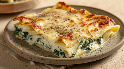 Close-up of spinach and cheese lasagna on a ceramic plate.