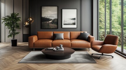 Modern Living Room Interior Design with Brown Leather Sofa and Armchair