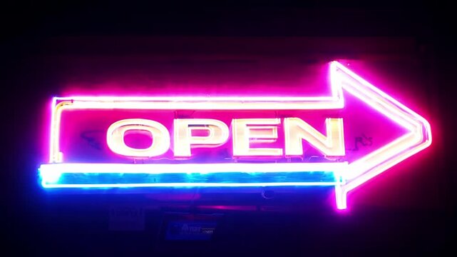 A neon light sign displaying Open for a retail business, glowing brightly in the night. The retro design adds a vibrant and illuminated touch on a black backdrop, making it stand out. Generative AI