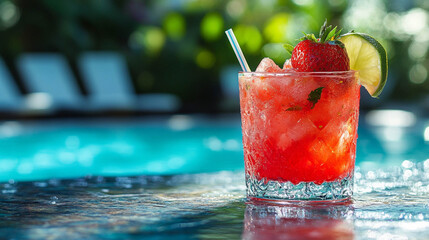 Brazilian caipiroska strawberry by the swimming pool on a summer day