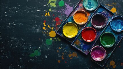 A selection of vibrant paints arranged on a flat surface, ideal for artistic projects or decorating ideas