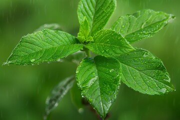 Close-up of vibrant green leaves with dew drops, showcasing nature's freshness and beauty in a detailed botanical macro shot.. Beautiful simple AI generated image in 4K, unique.