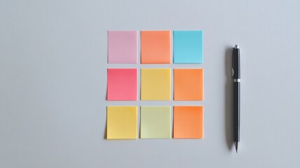 A set of minimalist sticky notes arranged in a grid pattern on a white surface, with a single pen beside them