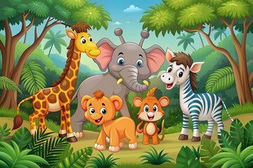 Naklejka premium Adorable cartoon illustration of African animal friends, including elephant, lion, giraffe, zebra, and monkey, playing together in a vibrant rainforest filled with trees.