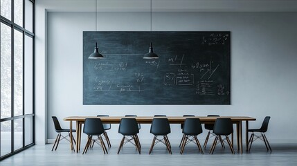 A simple, elegant chalkboard with a few neatly written equations, in a minimalist classroom setting