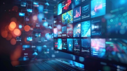 Fototapeta premium Digital media technology with multimedia global online communication display screen background wallpaper AI generated image