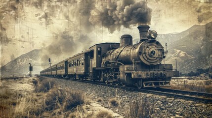 Vintage locomotive retro old steam train transportation concept with old pictures background wallpaper AI generated image