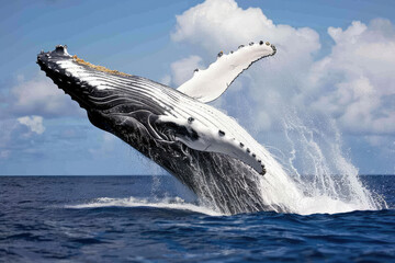 Fototapeta premium Majestic Humpback Whale Breaches the Ocean Surface Against a Pristine Sky