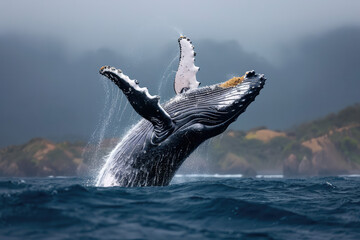 Fototapeta premium Majestic Humpback Whale Breaches the Ocean Surface in a Stunning Aerial Display
