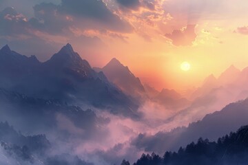 Obraz premium Scenic view of sun setting behind mountains, creating a beautiful silhouette, Create a tranquil scene of sunrise over a misty mountain range. AI generated