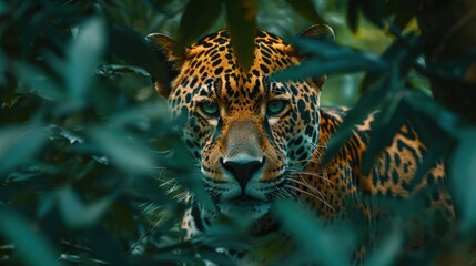 Jaguar Hidden in Dense Jungle Foliage.