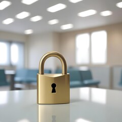 Fototapeta premium A worn brass padlock icon, symbolizing healthcare data security with a blurred hospital waiting area in the background