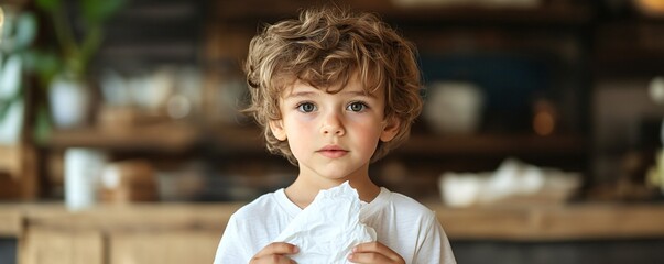 Child holding a tissue advertising eco friendly reusable handkerchiefs he decorated promoting sustainable alternatives to disposable tissues