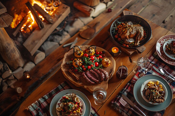 Rustic wooden table, warm red and yellow, cozy autumnal feast, celebrating Thanksgiving with family and friends. 

