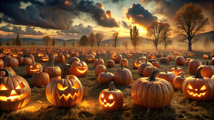 Halloween pumpkin patch at dusk, with rows of carved pumpkins glowing warmly, creating a spooky yet inviting atmosphere.