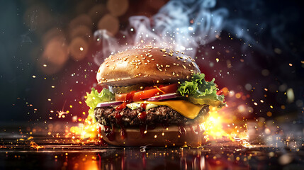 A juicy cheeseburger with red, yellow and brown colors, is on fire, evoking a sense of excitement and hunger. 
