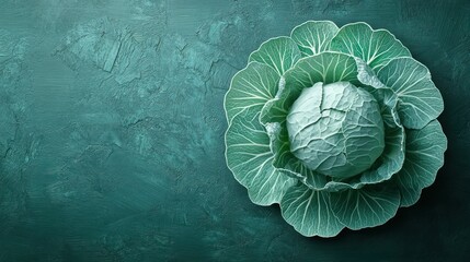 Obraz premium Green cabbage on teal background, overhead view.