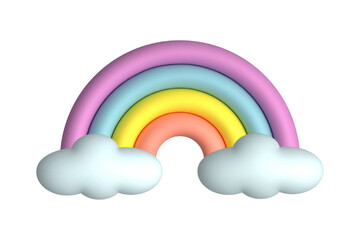 Beautiful rainbow with clouds 3d vector icon isolated on white background.