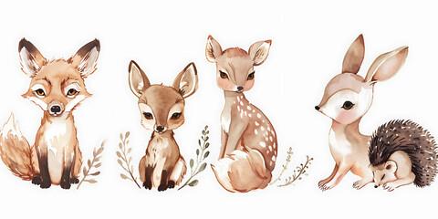 Obraz premium Adorable watercolor illustration of a fox, two deer and a rabbit with a hedgehog. 