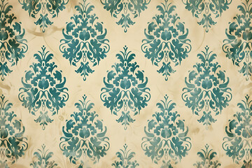 Vintage teal blue and cream damask pattern background for elegant design projects. 

