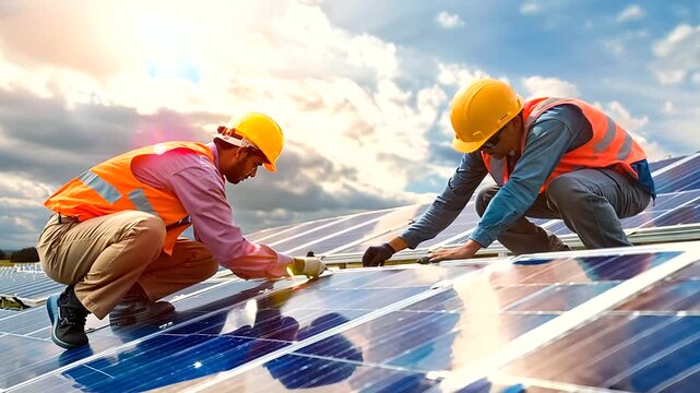 Technicians carrying out routine maintenance at a solar power plant