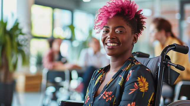 Happy Woman in Wheelchair Smiling in Inclusive Office Environment