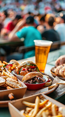 Fototapeta premium Delicious burgers, fries, and beer, a perfect summer day at the stadium, with red, yellow, and brown colors. 