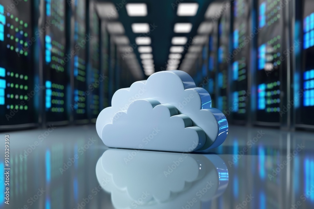 Poster cloud symbolizing data storage, floating in a server room setting, cloud computing infrastructure, a