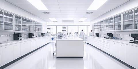 Obraz premium biochemical research scientist team working with microscope for coronavirus vaccine development.machines of analysis in the lab background