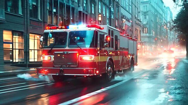 Emergency Firefighting Department Driving Truck at High Speed Through City Streets at Night - Lights On, Rushing to Rescue People from Flames, 911 Team to Extinguish Fire