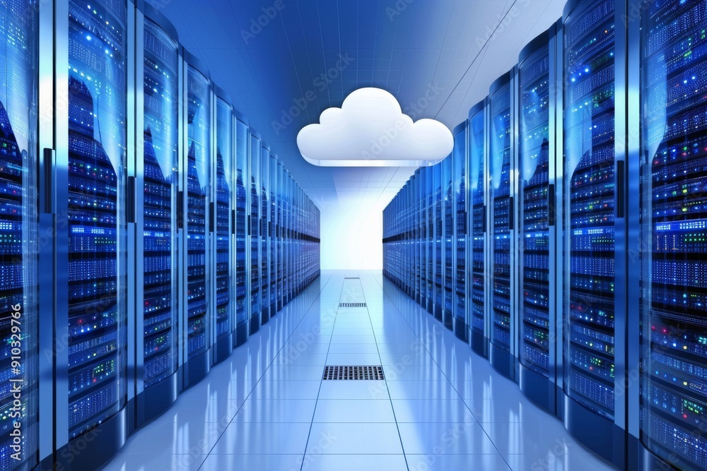 Poster cloud symbolizing data storage, floating in a server room setting, cloud computing infrastructure, a