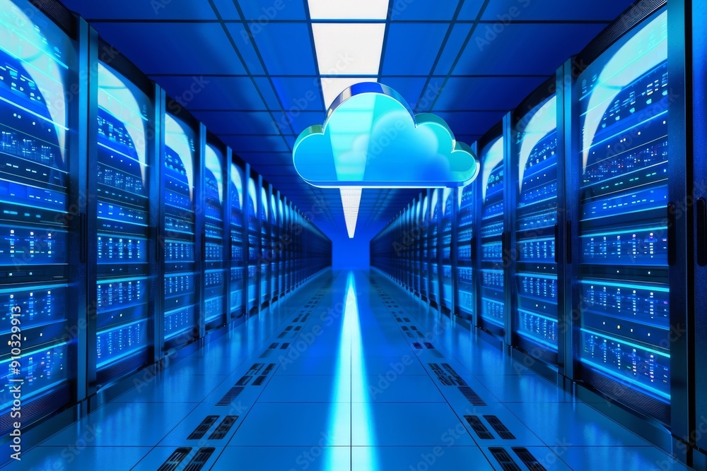 Poster a lone cloud hovering in a server room, symbolizing data storage and cloud computing technology, clo