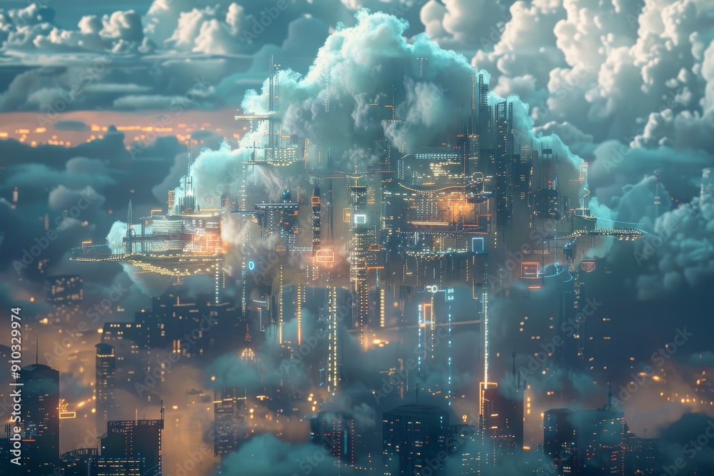 Poster a lone cloud hovering in a server room, symbolizing data storage and cloud computing technology, clo