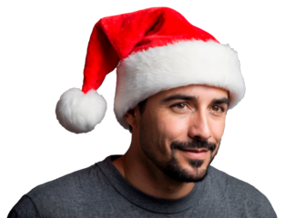 Man in santa hat, christmas and celebration concept, on transparent background PNG.