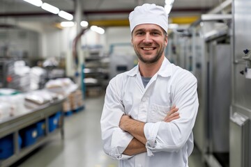Workers in a food processing plant managing AI-driven equipment, one with a red hairnet. Beautiful simple AI generated image in 4K, unique.